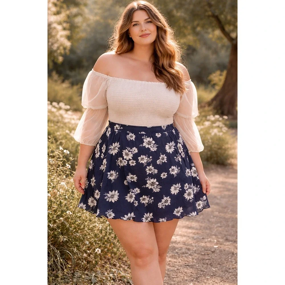 Skies Are Blue Berenice Scalloped Hem Floral Skirt Navy Blue Plus‎ Size 1X